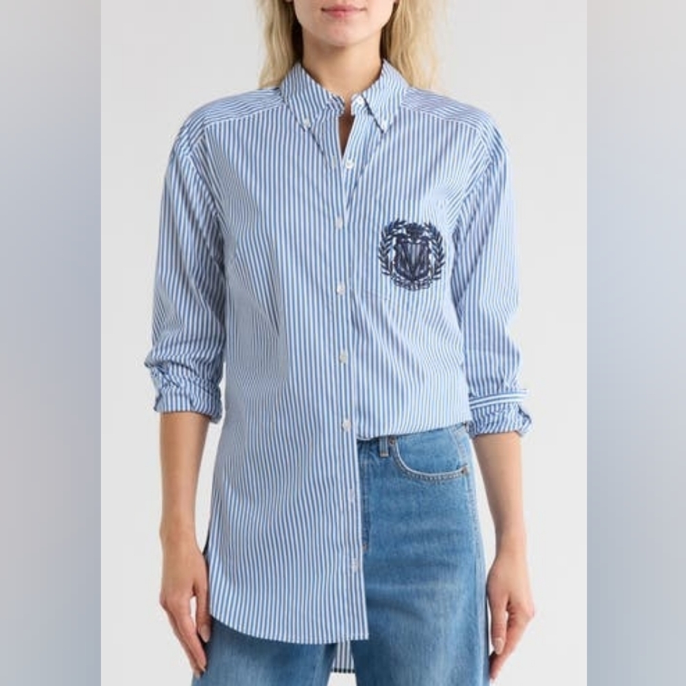 Veronica Beard Blue Striped Lloys Button Down With Cresr - Picture 2 of 7